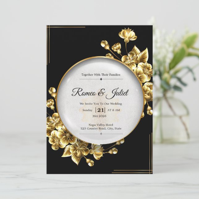 Luxury Black and Gold Wedding Invitation (Standing Front)