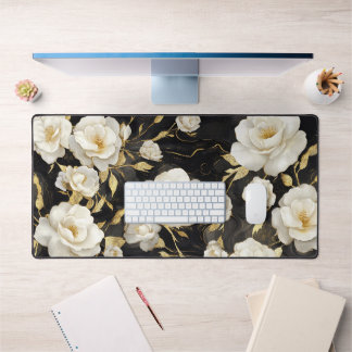 Luxury Black and Gold White Rose Floral Desk Mat