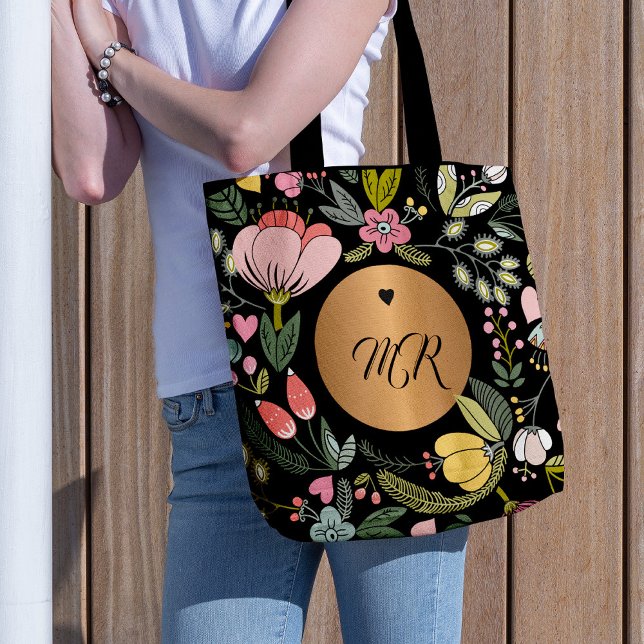 Luxury black and pastel pink floral monogram tote bag (Creator Uploaded)