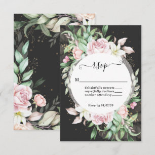 Luxury Black and Pink Floral Wedding RSVP Card