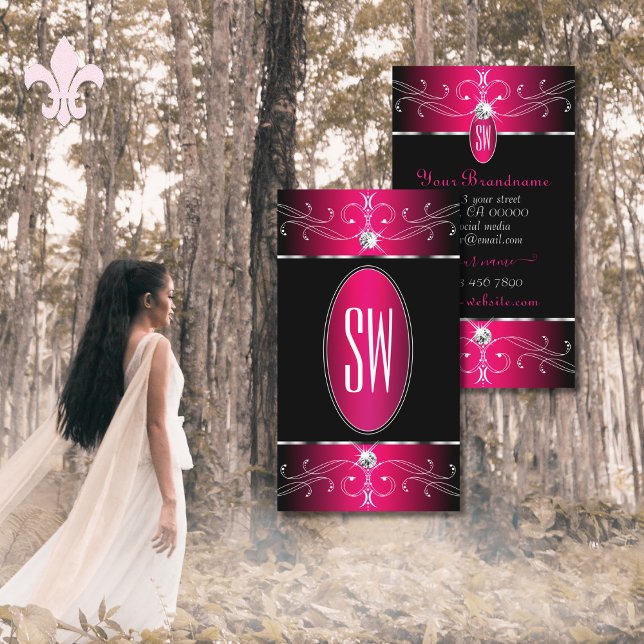 Luxury Black and Pink Ornate Ornaments Monogram Business Card (Creator Uploaded)