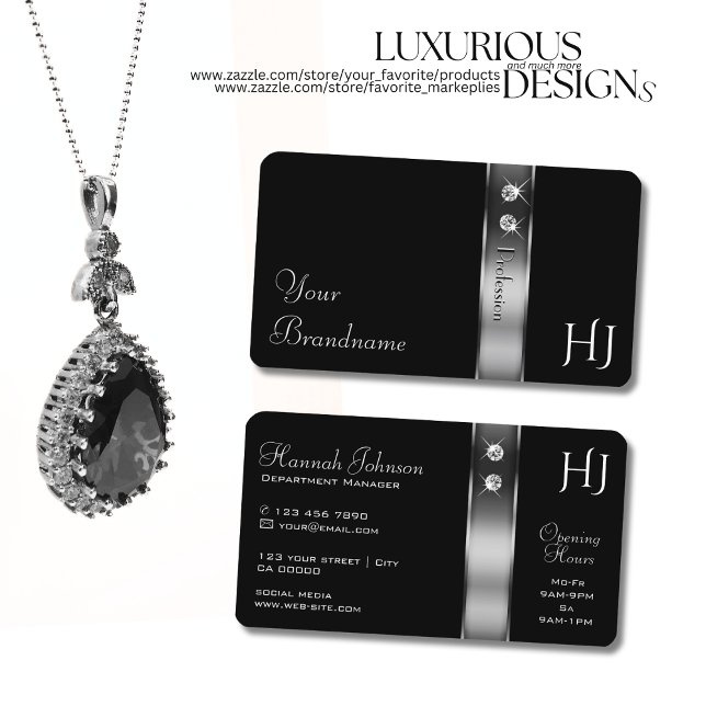 Luxury Black and Silver Decorative Jewels Initials Business Card (Creator Uploaded)