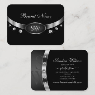 Luxury Black and Silver with Initials Rhinestones Business Card