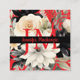 Luxury Black and White Floral  Square Business Card