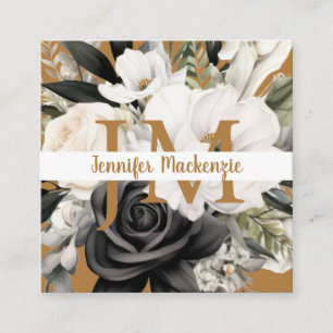 Luxury Black and White Gold Floral  Square Business Card
