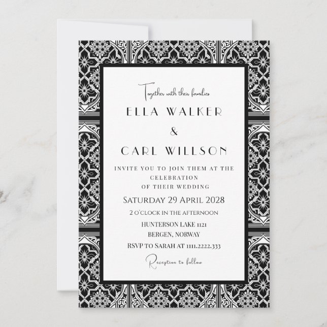 Luxury Black And White Gothic Tile Wedding Invitation