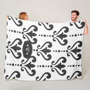 Luxury Black and White Monogram Damask Fleece Blanket
