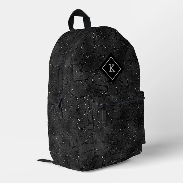 Luxury Black Background White Sparkles Monogram Printed Backpack (Back Corner Left)