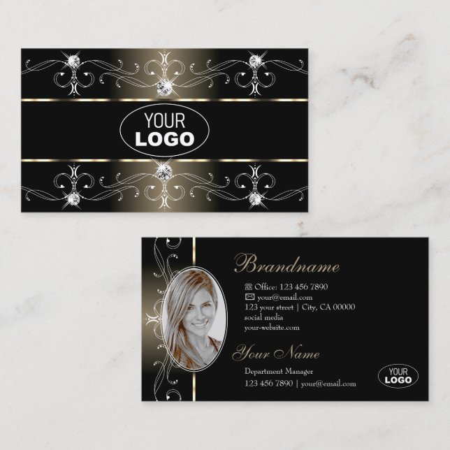Luxury Black Beige Ornate Borders Logo and Photo Business Card (Front/Back)