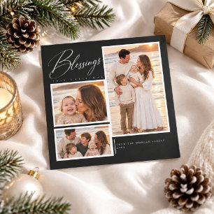 Luxury Black Blessings 3 Photo Religious Christmas Holiday Card