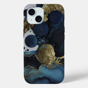 Luxury Black & Blue Gold Watercolor  iPhone 15 Case