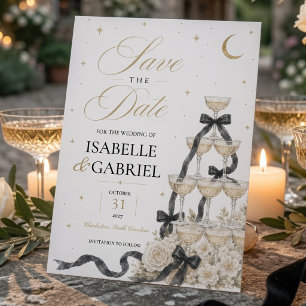 Luxury Black Bow Champagne Tower Save the Date  Invitation