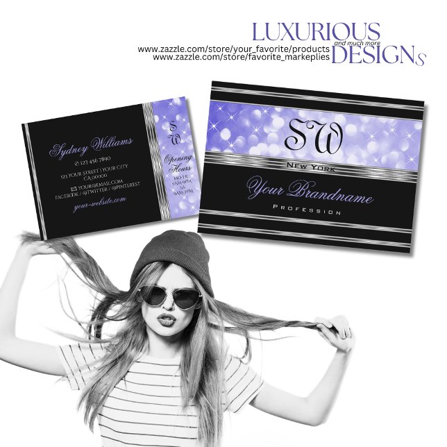 Luxury Black Bright Blue Glitter Monogram Silver Business Card (Creator Uploaded)