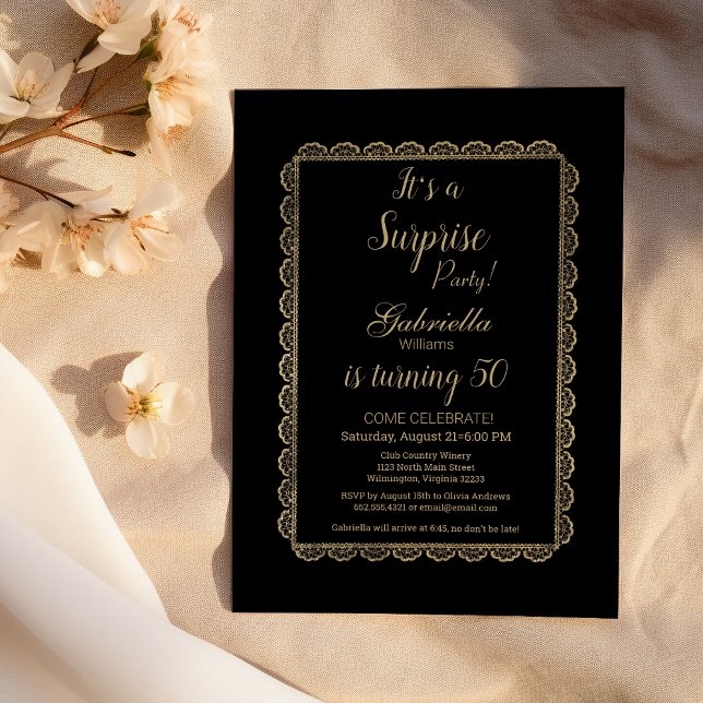 Luxury black chic gold floral lace Surprise Party  Invitation (Luxury black chic gold floral lace Surprise Party)