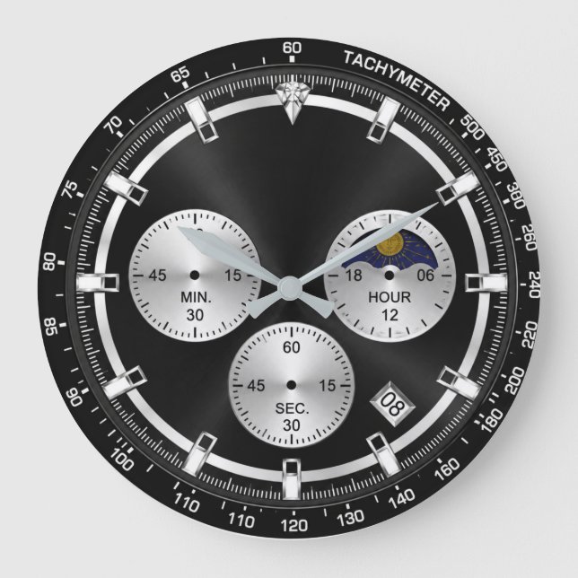 Luxury Black Chronograph Modern Sport Tachymeter Large Clock (Front)