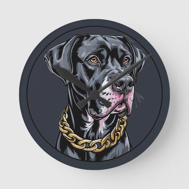 Luxury Black Dog With Gold Chain Round Clock (Front)