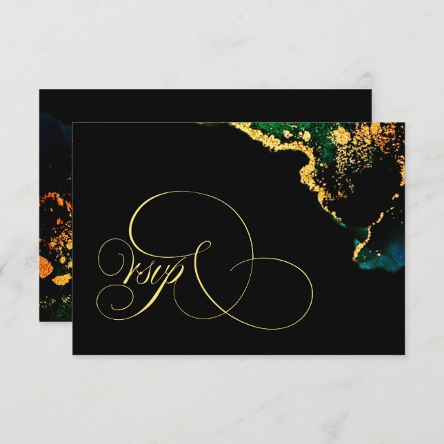 Luxury Black Emerald Gold Wedding  RSVP Card (Front/Back)