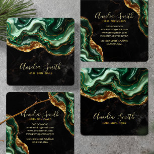 Luxury Black & Emerald Green Marble with Gold Glit Square Business Card