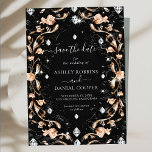 Luxury Black Floral Diamonds Save The Date Invitation<br><div class="desc">Elegant,  modern,  and delicate Mystic Luxury Black Floral Diamonds Save The Date wedding invitation that you can customise with your info to make it furthermore special. The romantic minimalist design features lovely and elegant calligraphy on a Beautiful background with a clean and simple look.</div>
