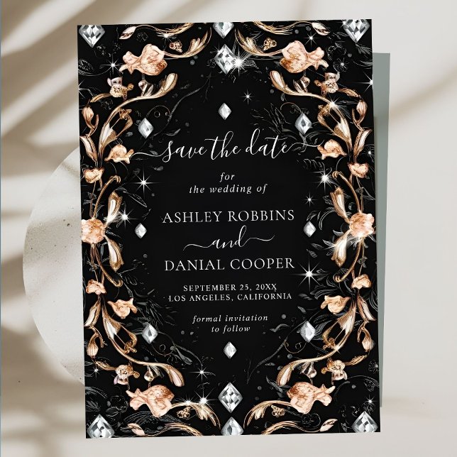 Luxury Black Floral Diamonds Save The Date Invitation (Creator Uploaded)