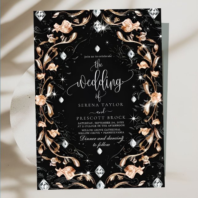 Luxury Black Floral Diamonds Wedding Invitation (Creator Uploaded)