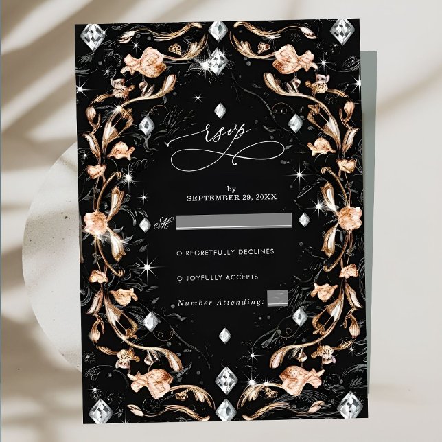 Luxury Black Floral Diamonds Wedding RSVP Card (Creator Uploaded)