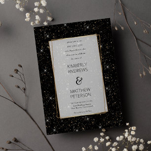 Luxury black glam gold glitter confetti Wedding Invitation