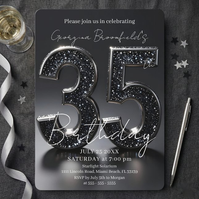 Luxury Black Glitter Silver Sparkle 35th Birthday Invitation (Creator Uploaded)