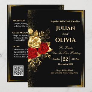 Luxury Black Gold and Red Rose Wedding Invitation
