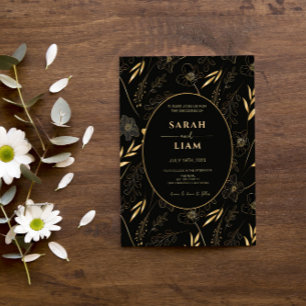 Luxury Black & Gold Anemone Wildflower Wedding Invitation