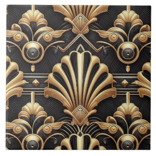 Luxury Black & Gold Art Deco Ceramic Tile 
