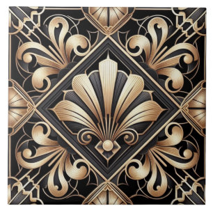 Luxury Black & Gold Art Deco Ceramic Tile 