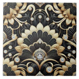 Luxury Black & Gold Art Deco Ceramic Tile 