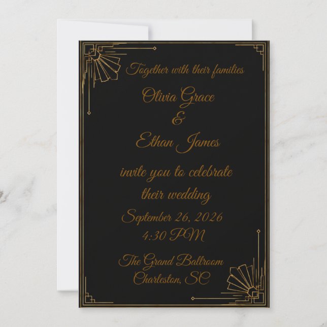 Luxury Black & Gold Art Deco Wedding Invitation (Front)