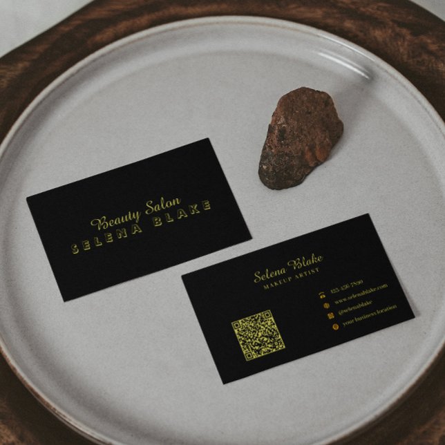 Luxury Black & Gold Beauty Business Card with QR  (Creator Uploaded)