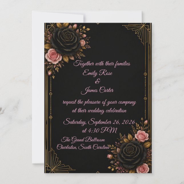 Luxury Black Gold & Blush Rose Wedding Invitation (Front)