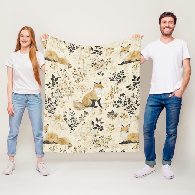 Luxury Black & Gold Botanical Fox Art (2) Fleece Blanket (In Situ)
