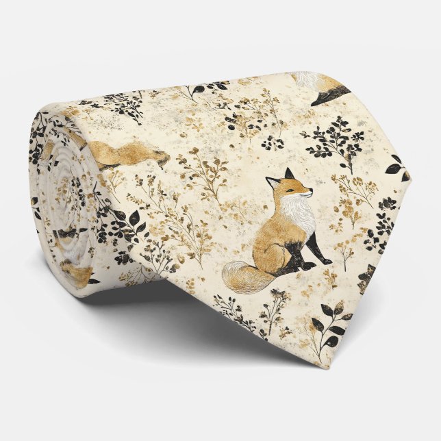 Luxury Black & Gold Botanical Fox Art (2) Tie (Rolled)