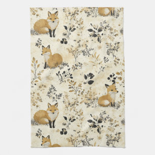 Luxury Black & Gold Botanical Fox Art (4) Tea Towel