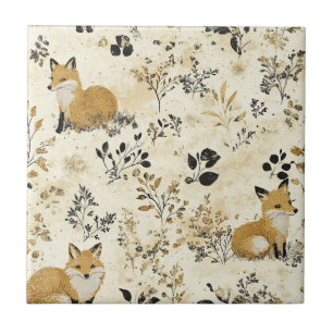 Luxury Black & Gold Botanical Fox Art (4) Tile