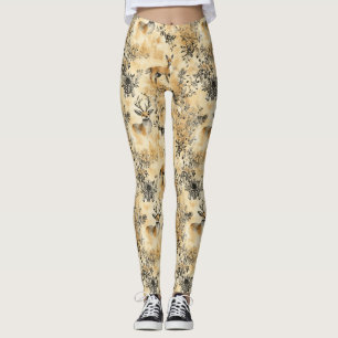 Luxury Black & Gold Botanical Fox Art (5) Leggings