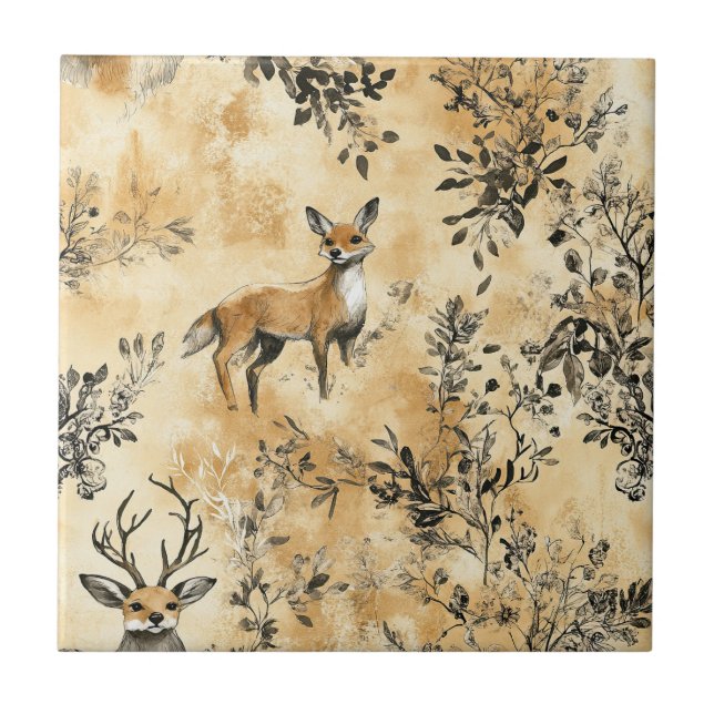 Luxury Black & Gold Botanical Fox Art (5) Tile (Front)