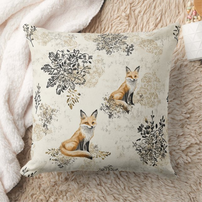 Luxury Black & Gold Botanical Fox Art Cushion (Blanket)
