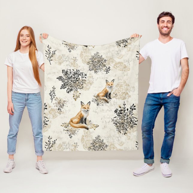 Luxury Black & Gold Botanical Fox Art Fleece Blanket (In Situ)
