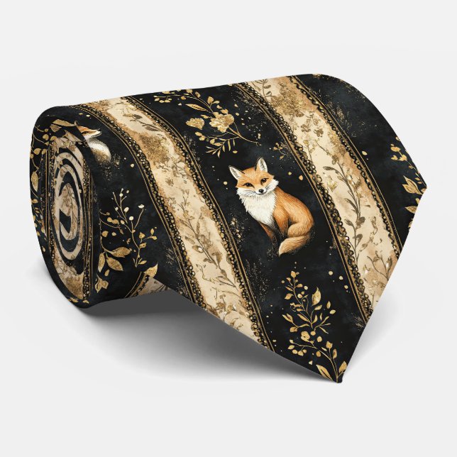 Luxury Black & Gold Botanical Fox Pattern (1) Tie (Rolled)