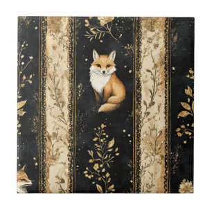 Luxury Black & Gold Botanical Fox Pattern (1) Tile