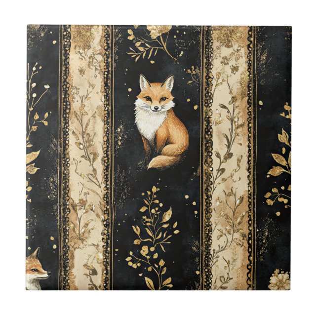 Luxury Black & Gold Botanical Fox Pattern (1) Tile (Front)