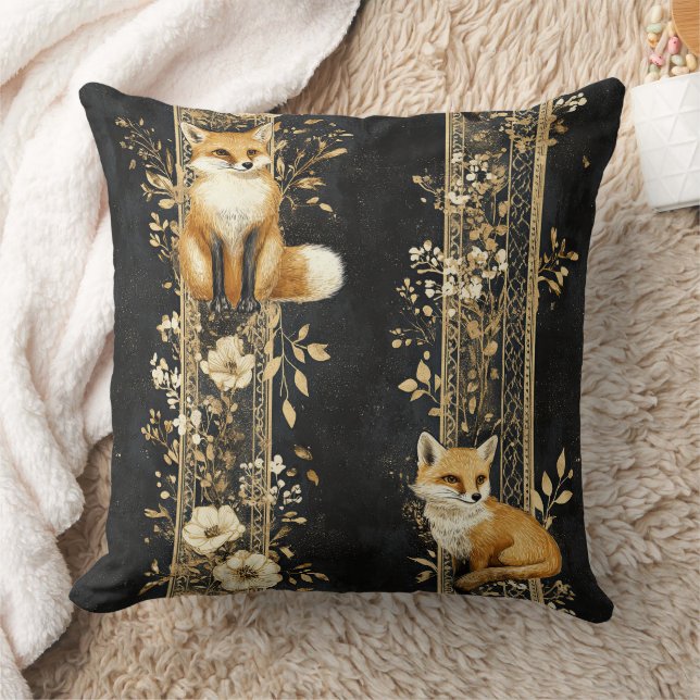 Luxury Black & Gold Botanical Fox Pattern (2) Cushion (Blanket)