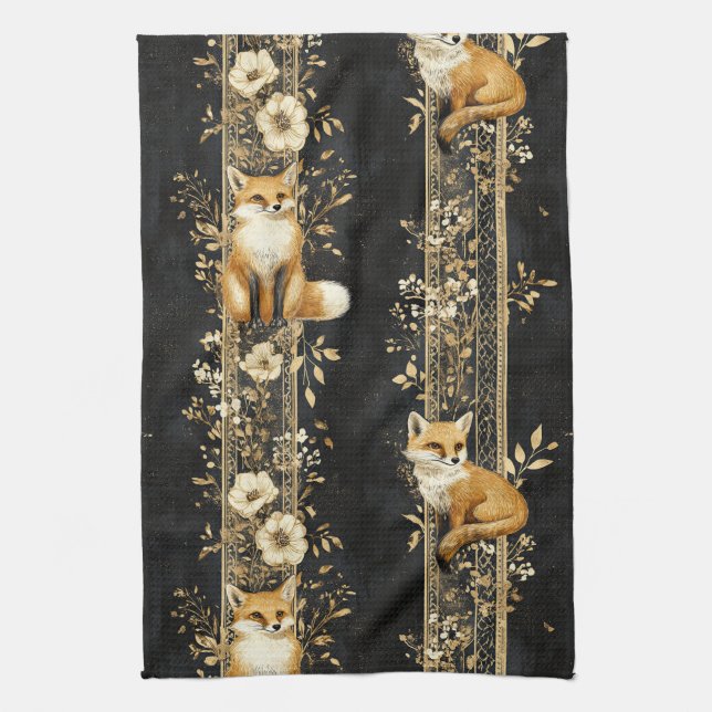 Luxury Black & Gold Botanical Fox Pattern (2) Tea Towel (Vertical)