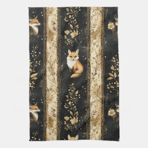 Luxury Black & Gold Botanical Fox Pattern Tea Towel
